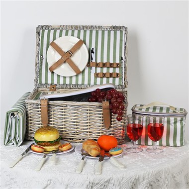Classic Green Stripe Picnic Basket Set For Camping